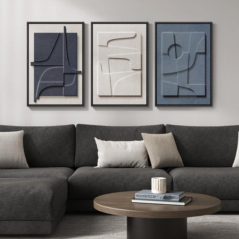 Cuspin 3D textured framed wall art blue and white abstract, creates dimensional interest in hallway.