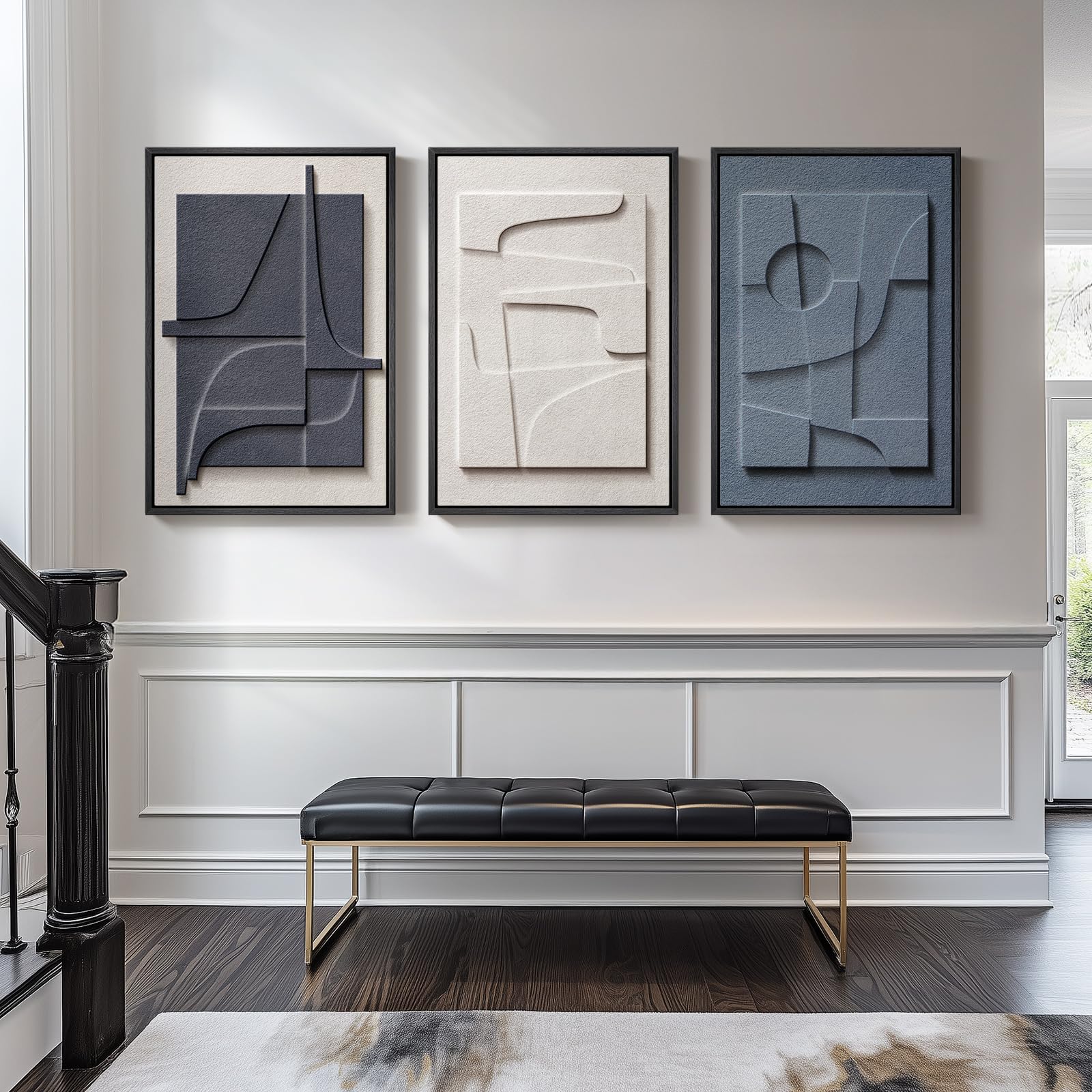 Cuspin large framed 3D art in blue and white, modern minimalism for stairwell walls.