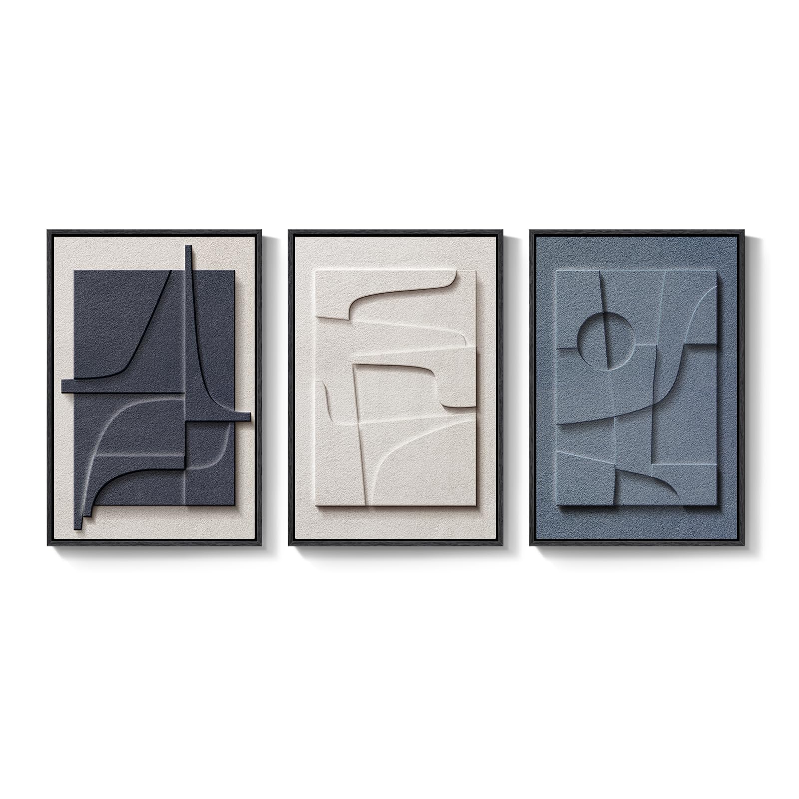 Cuspin blue and white abstract 3D wall art, textured surface reflecting light warmly.