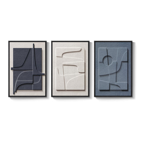 Cuspin blue and white abstract 3D wall art, textured surface reflecting light warmly.