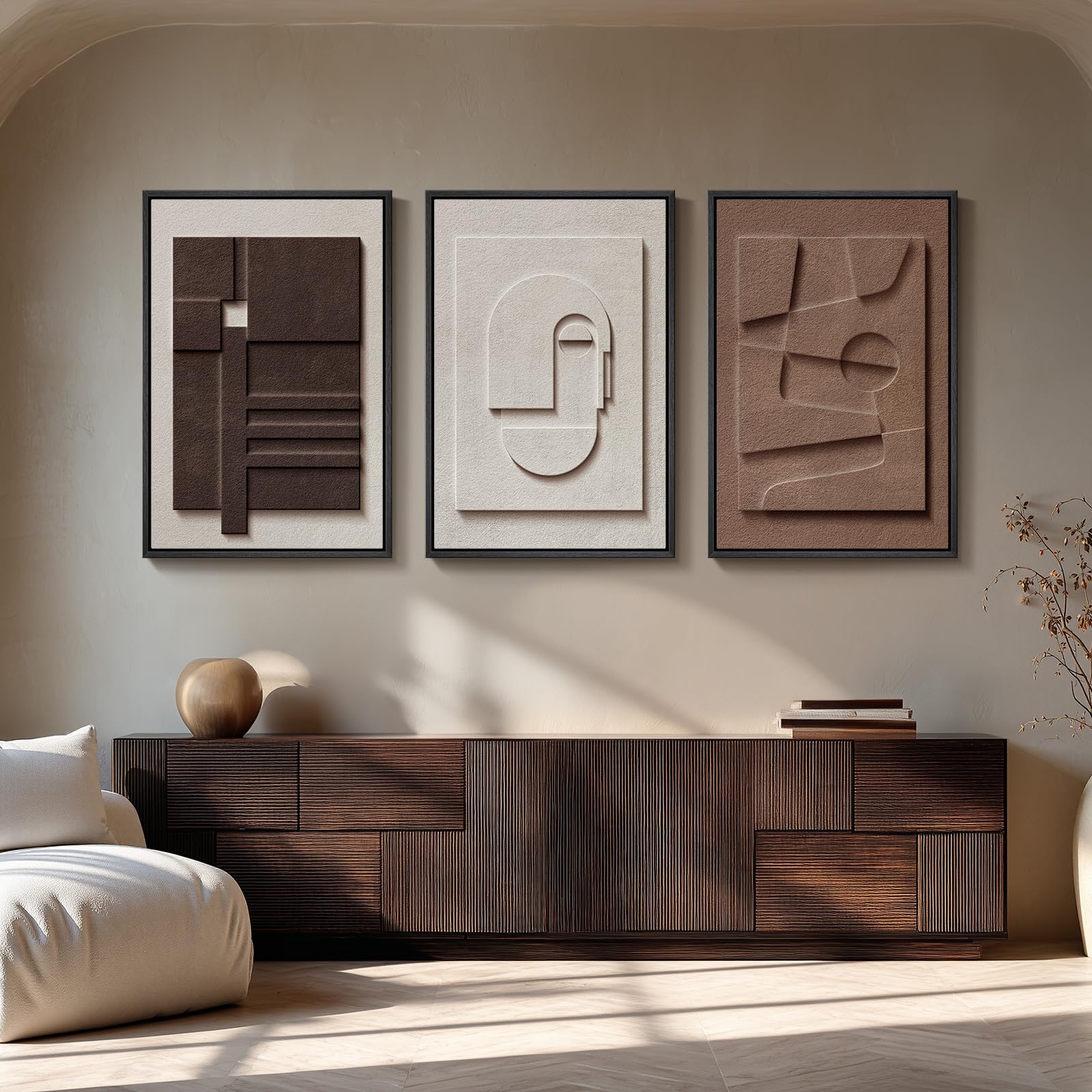 Cuspin large 3D textured wall art living room setup with three-piece framed panels.