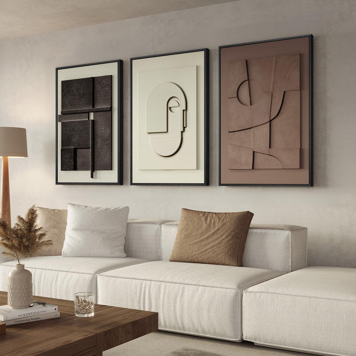 Cuspin large 3D textured framed wall art panel 1 enhances modern living room ambiance