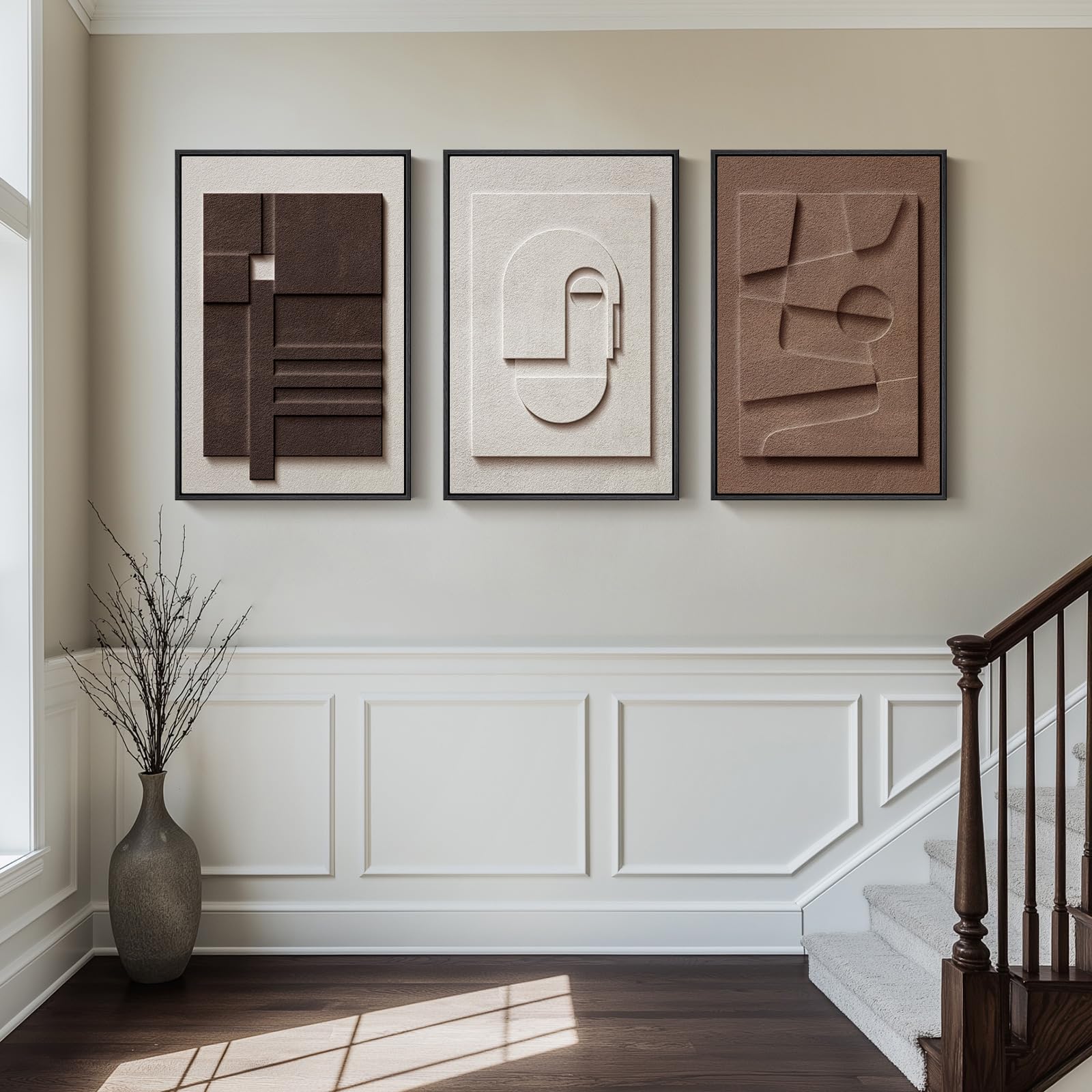 Cuspin large framed neutral abstract art three-piece layout on wall.