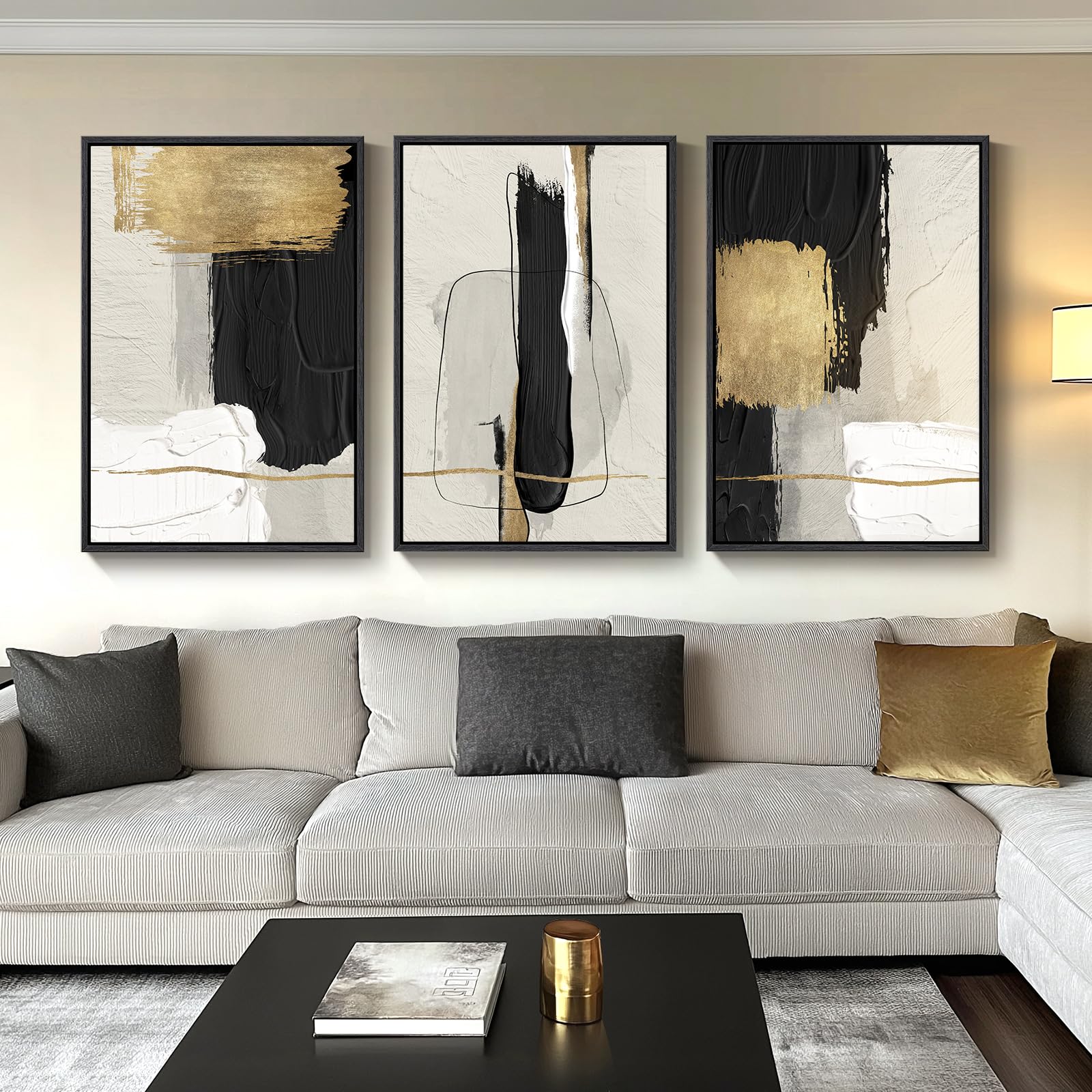 Cuspin large abstract wall art trio in black white and gold with framed edges for a modern living room.