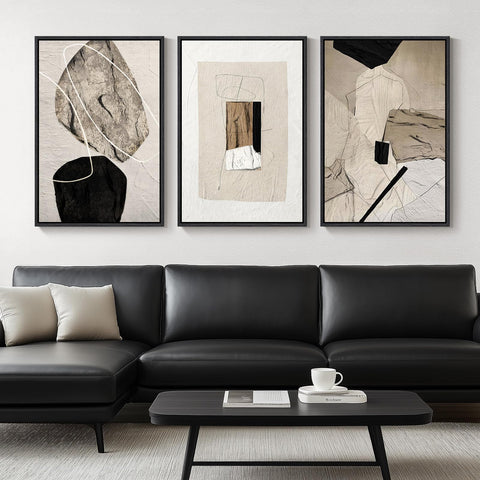 Cuspin neutral abstract wall art framed closeup on warm wood frame