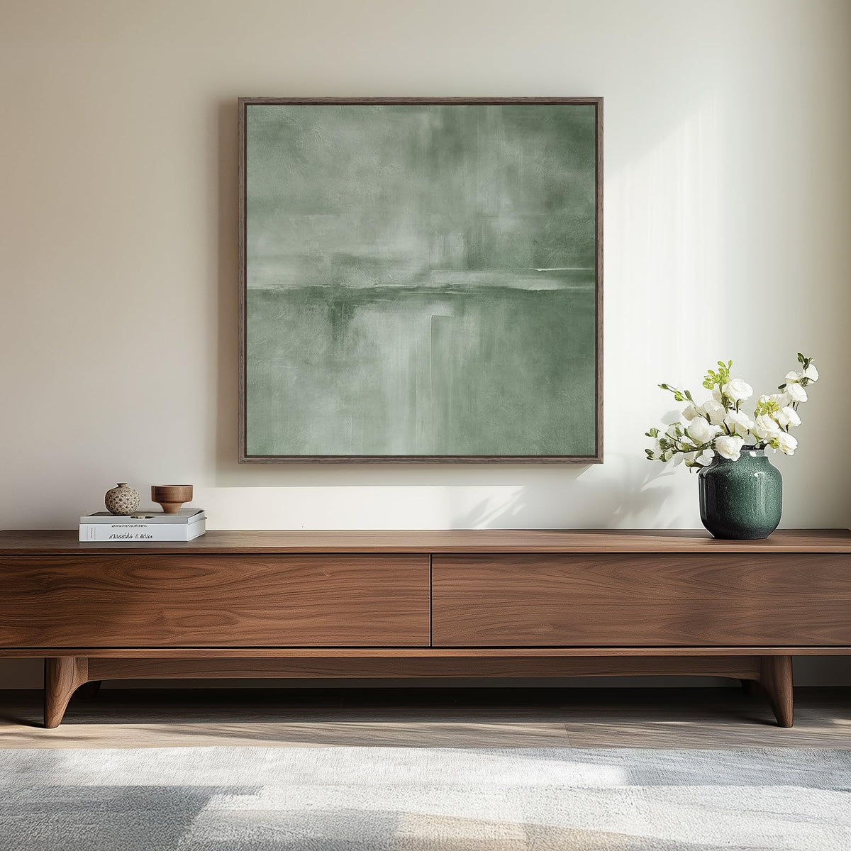 Cuspin sage green abstract wall art framed for living room focal point