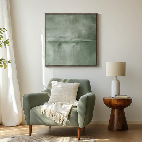 Cuspin sage green wall art living room setup contrasts softly with textiles