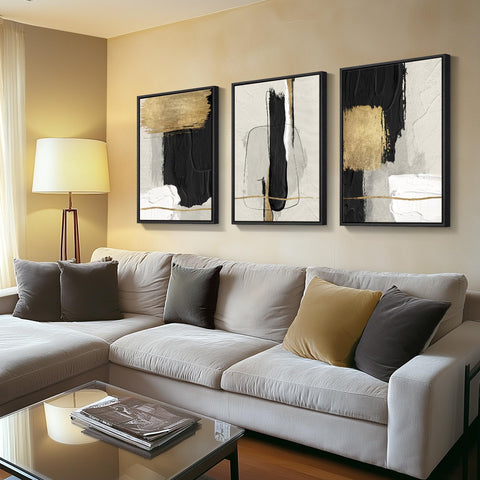 Cuspin three-piece wall art set displayed together in a stylish living room setup.