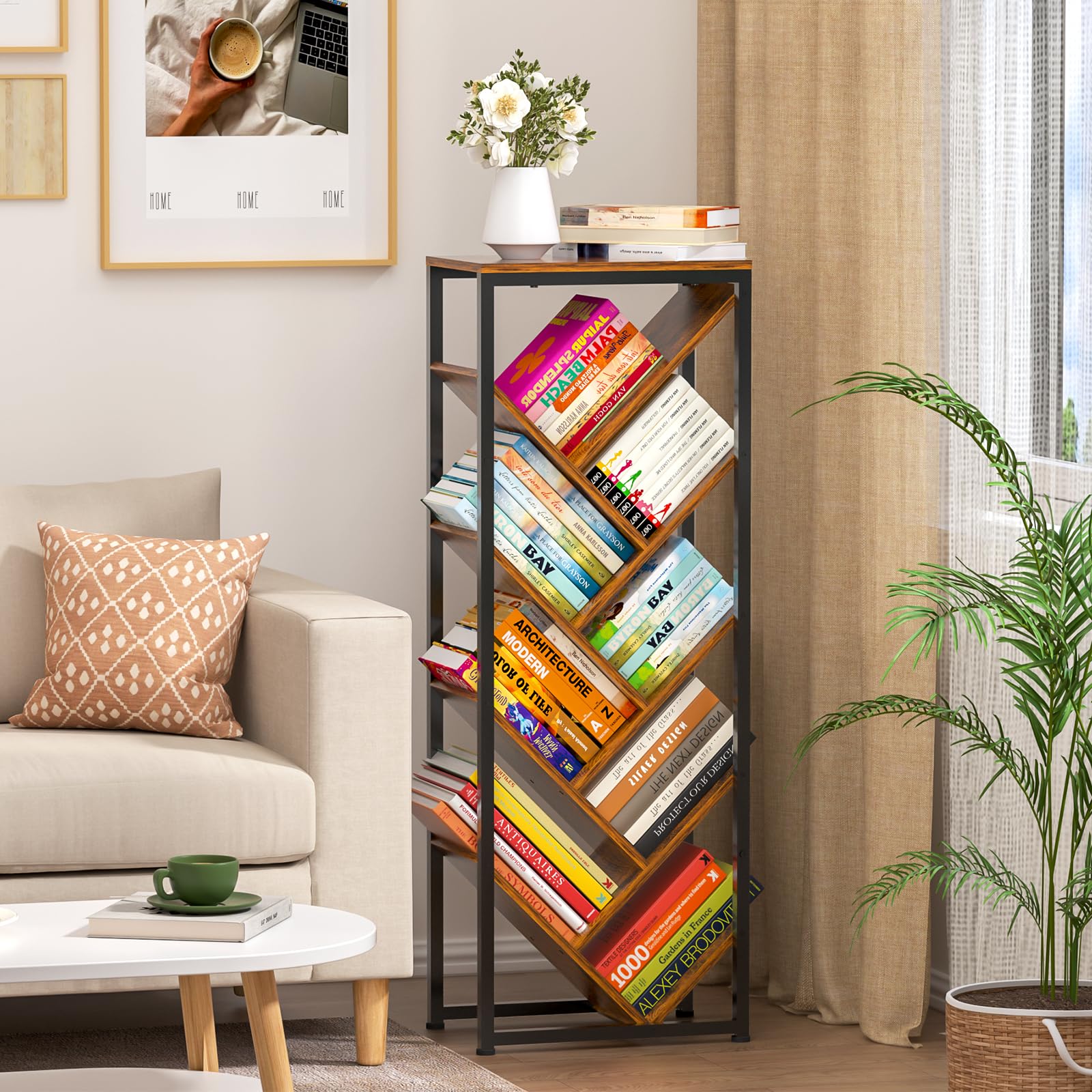 Cutogxon Tree Bookshelf 9-tier display for organized hardcover books in living rooms.