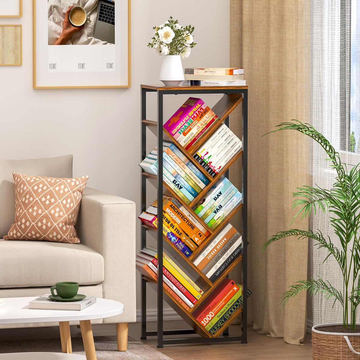 Cutogxon Tree Bookshelf 9-tier display for organized hardcover books in living rooms.