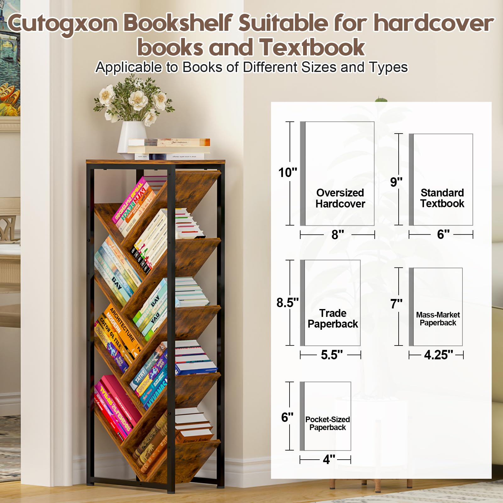 Cutogxon tree inspired storage keeps books and magazines neatly displayed.