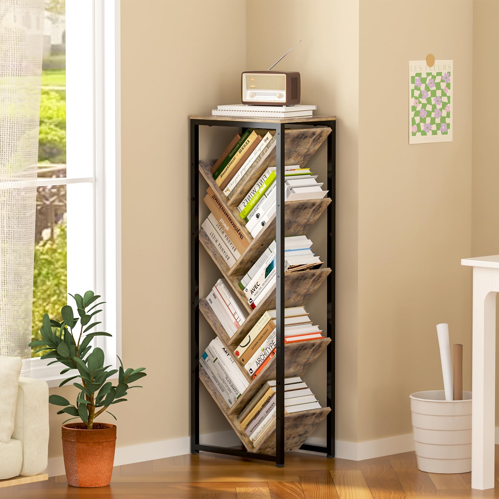 Cutogxon Tree Bookshelf's rustic-industrial look complements bedrooms and living rooms.