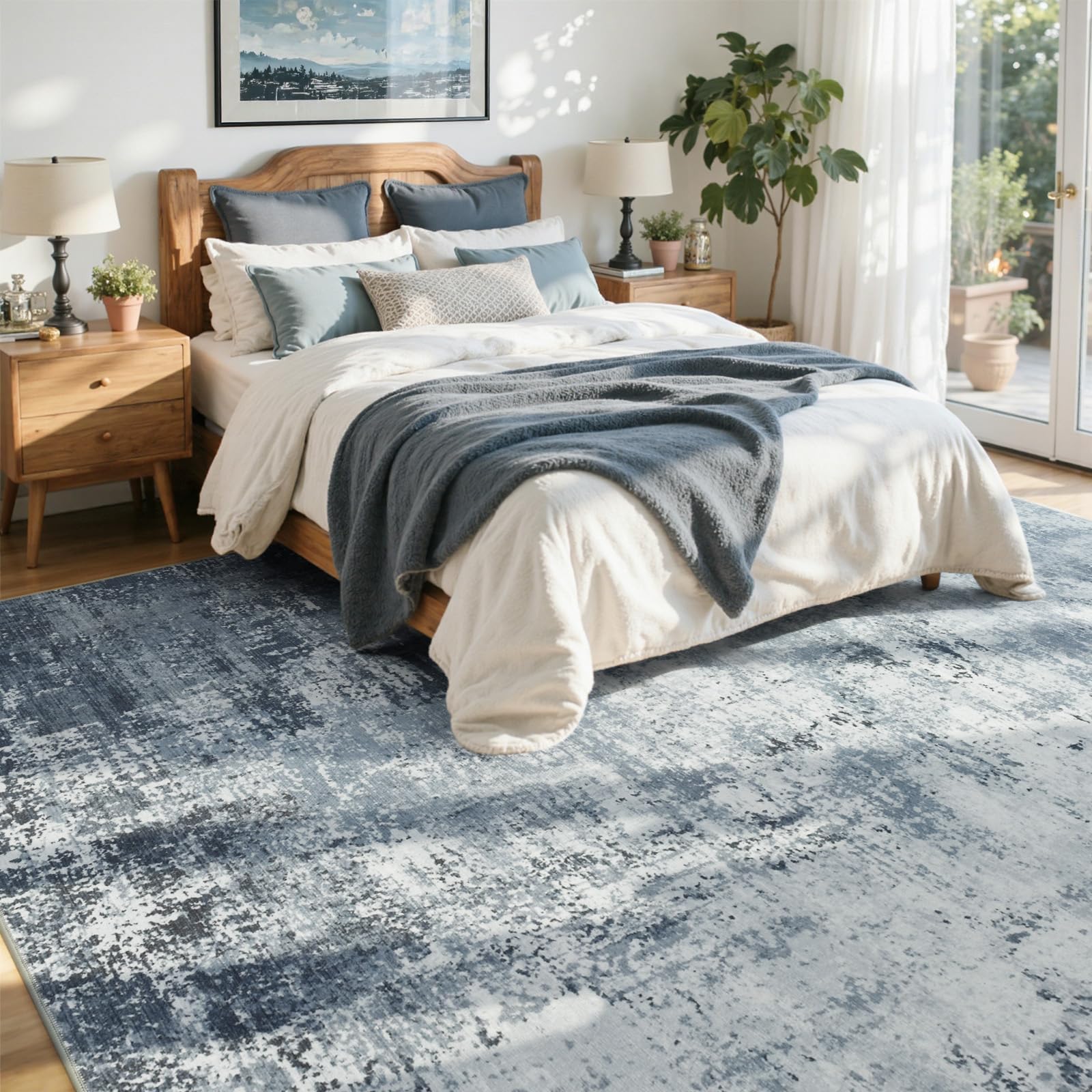 Cuzwlovita blue abstract rug detail highlighting dirt and hair resistance