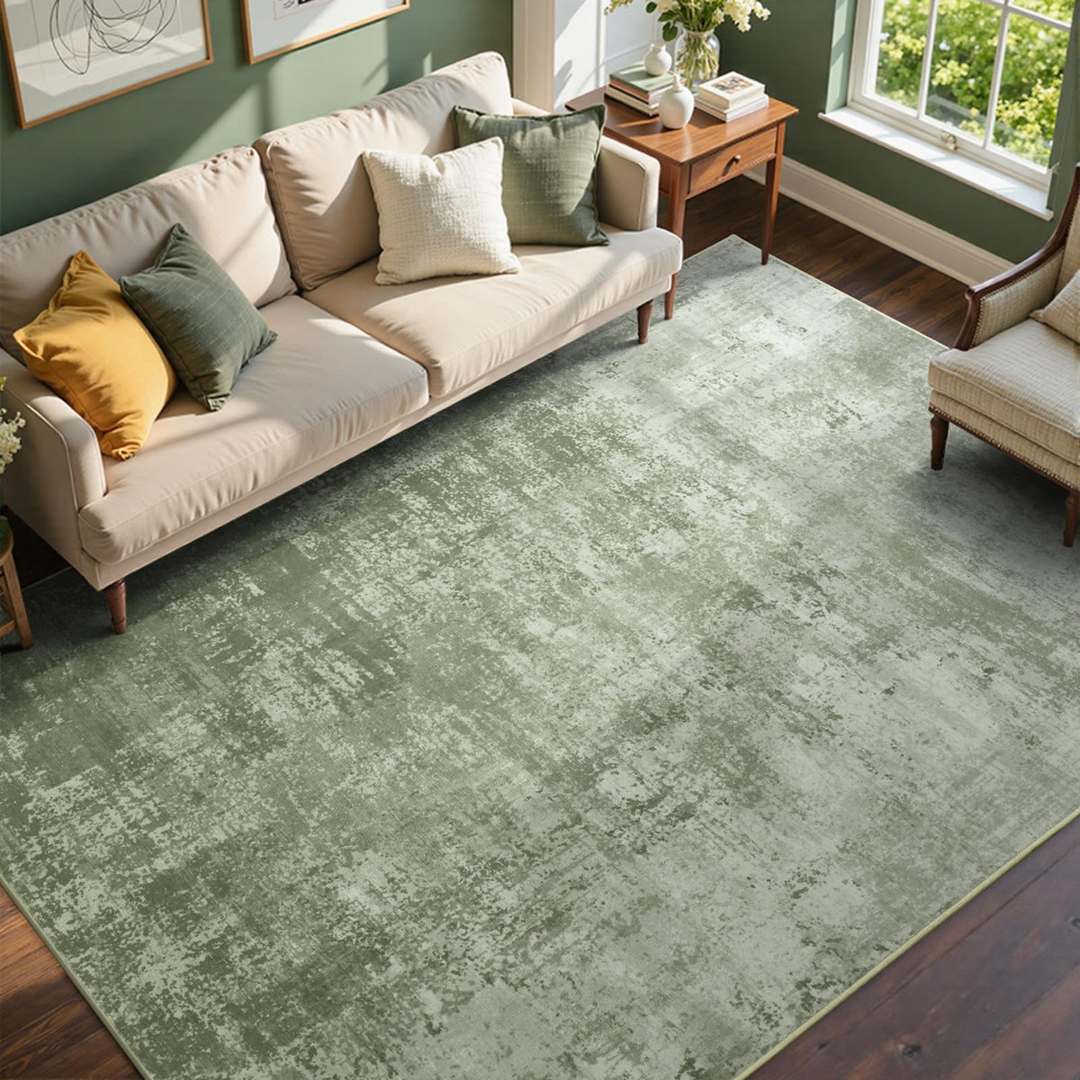 Cuzwlovita green abstract rug for living room offers soft underfoot comfort and a stylish focal point.