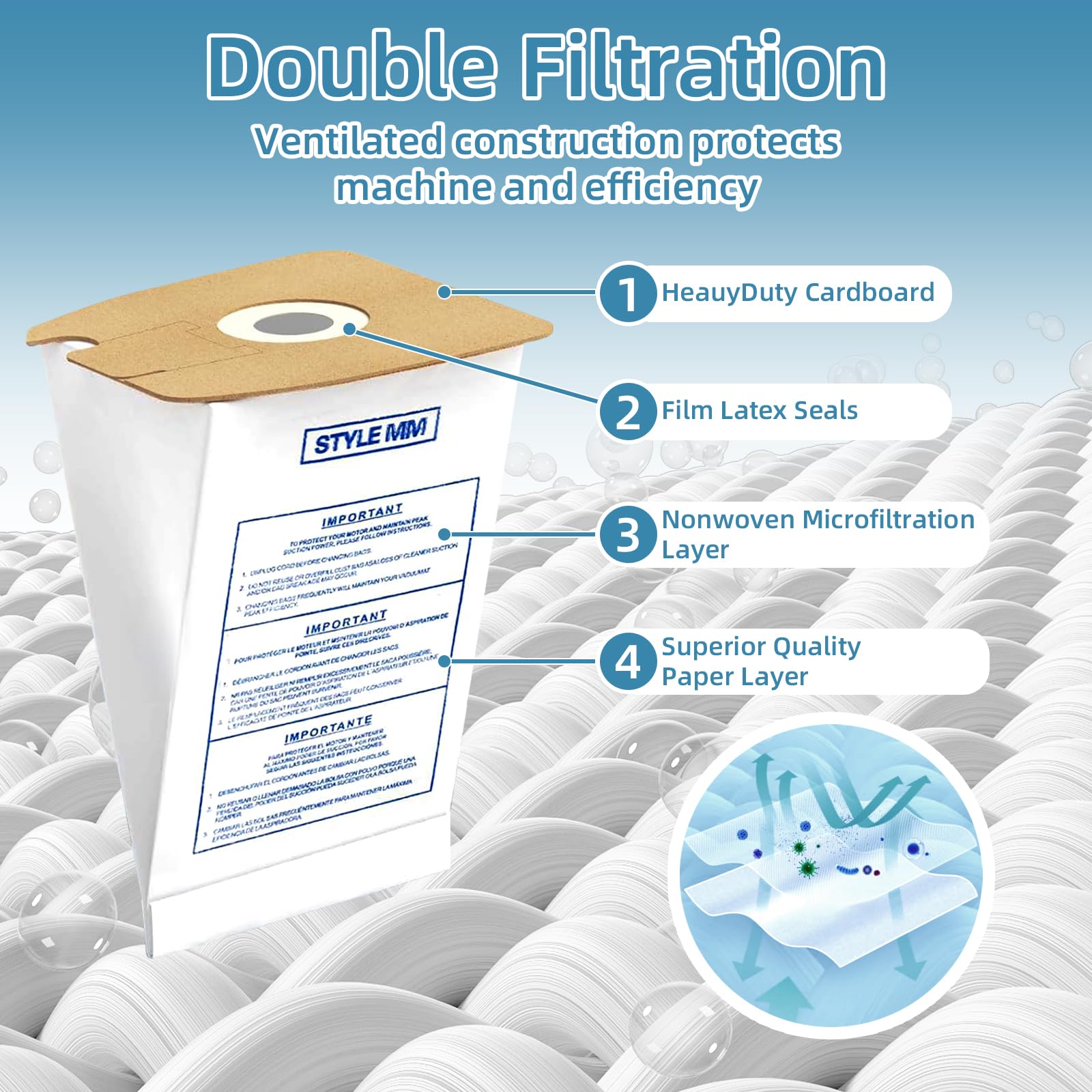 Cwfas filtration closeup on MM vacuum bag showing small particle barrier