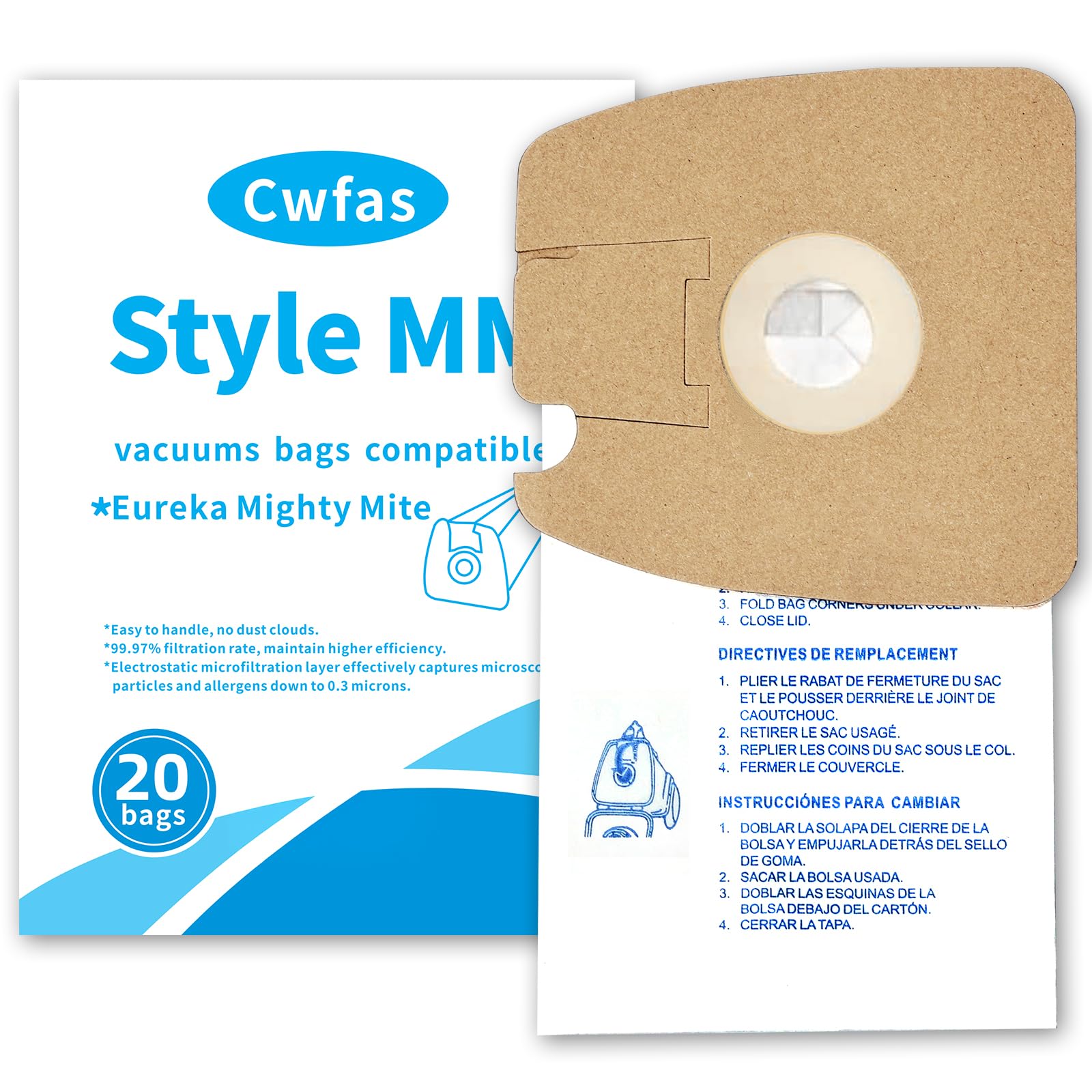 Cwfas 20-pack MM bags packaged for Eureka Mighty Mite 3670-3680, ready for dust collection