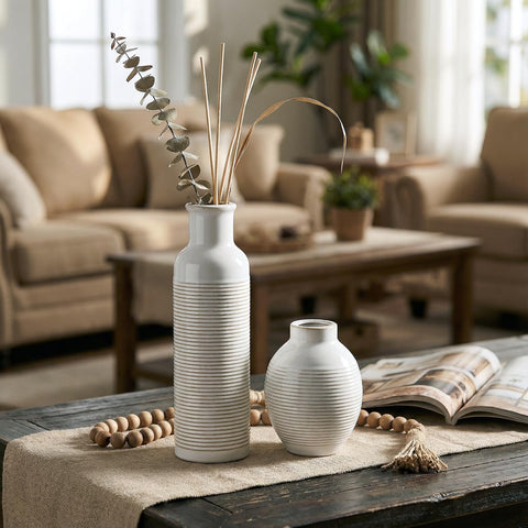 CWFutwell Rustic Farmhouse vase with ribbed texture enhances rustic interiors