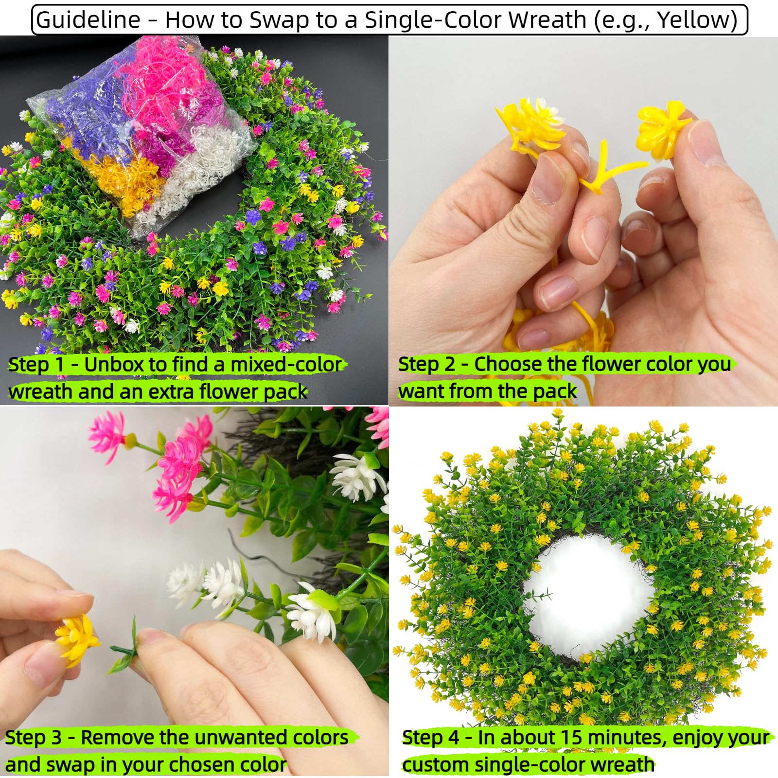 No tools required to swap flowers for a fresh, changeable appearance.