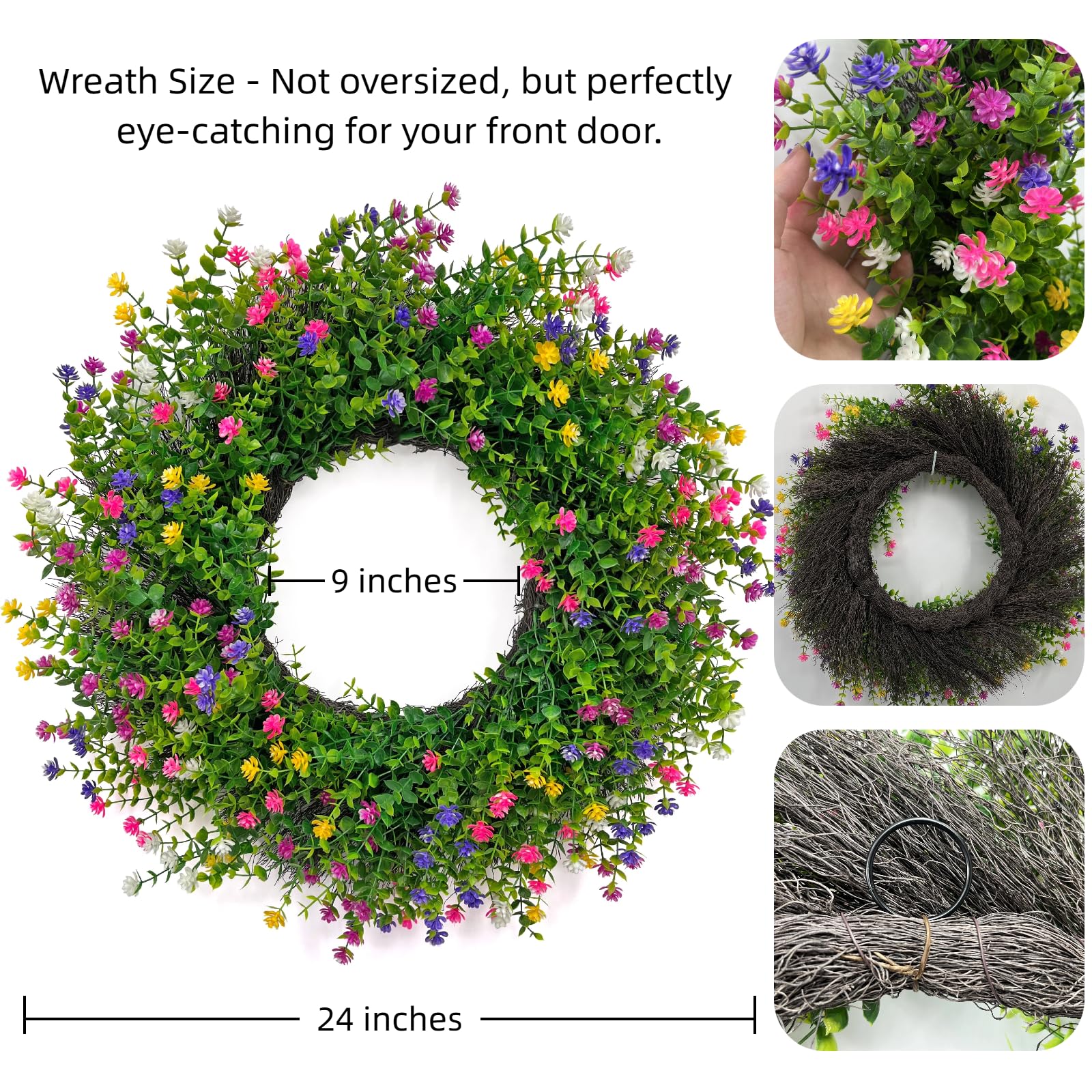 Indoor and outdoor ready wreath with built-in ring for easy display.