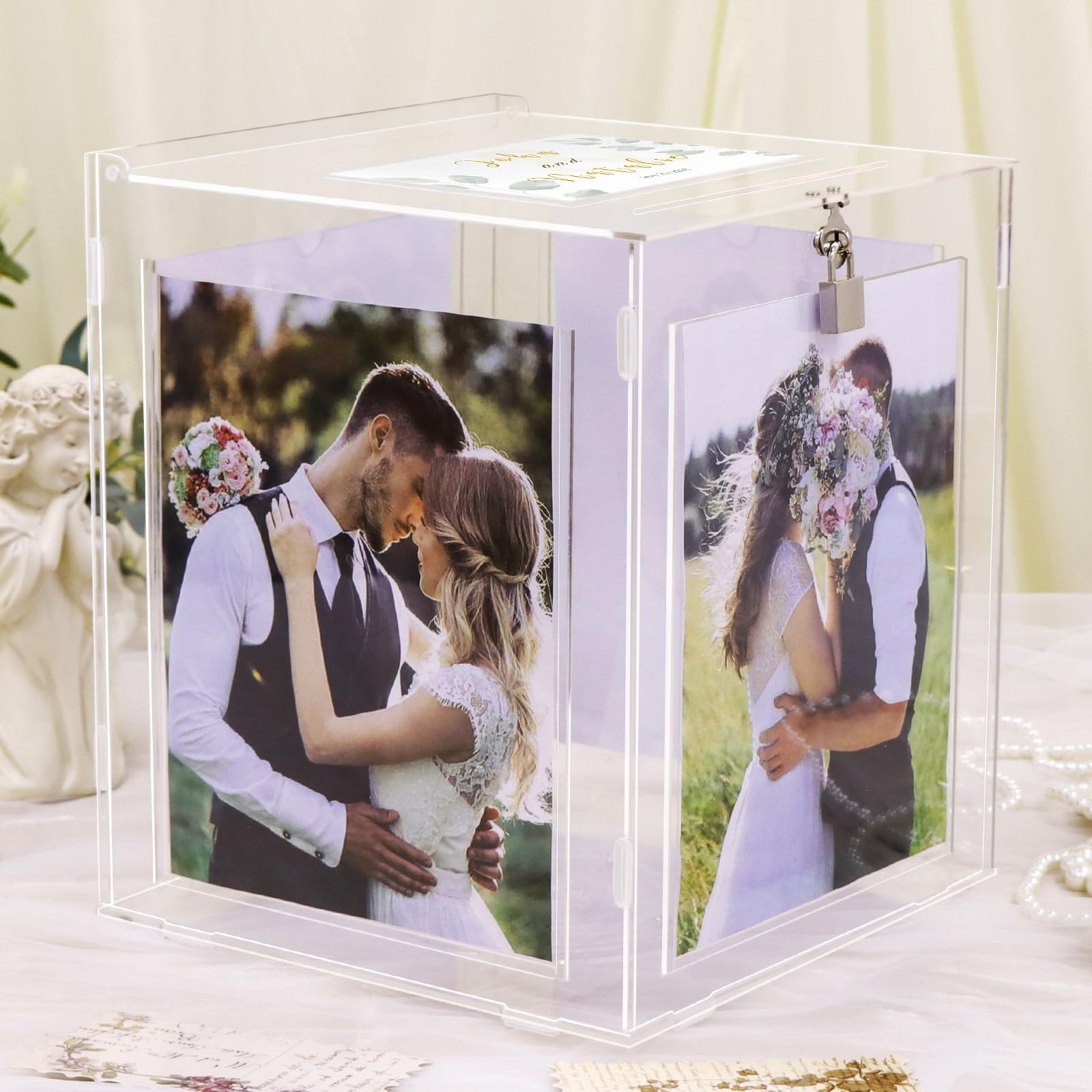 CYAOOI acrylic wedding card box front view with clear frame for guest cards.