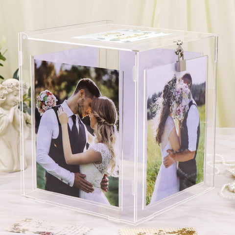 CYAOOI acrylic wedding card box front view with clear frame for guest cards.