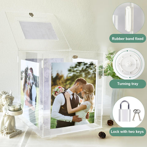 CYAOOI acrylic wedding card box rotating tray enabling interactive photo viewing at events.
