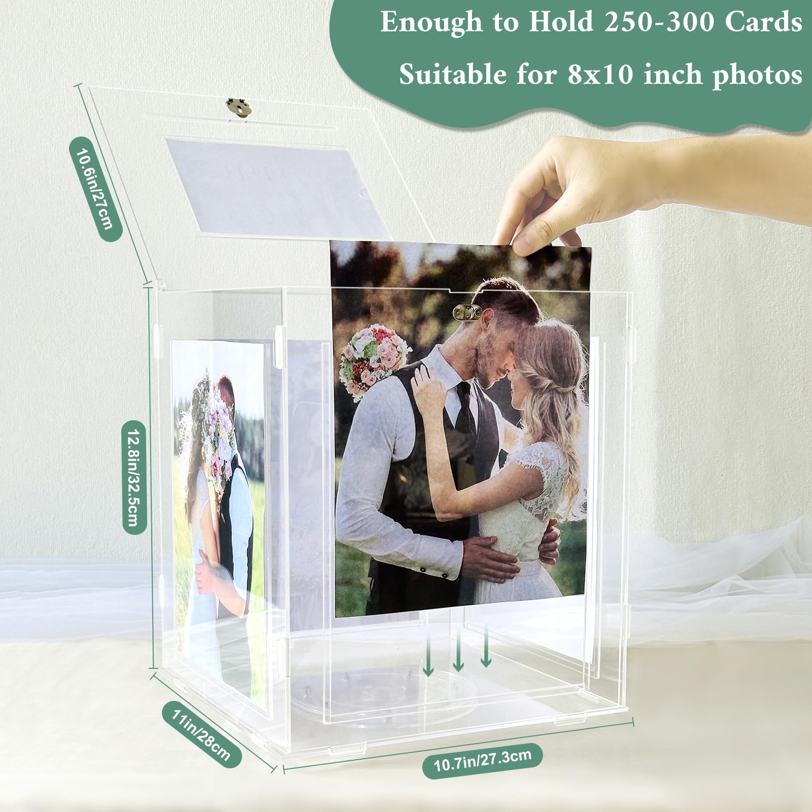 CYAOOI acrylic wedding card box top frame showcases photo display on four sides.