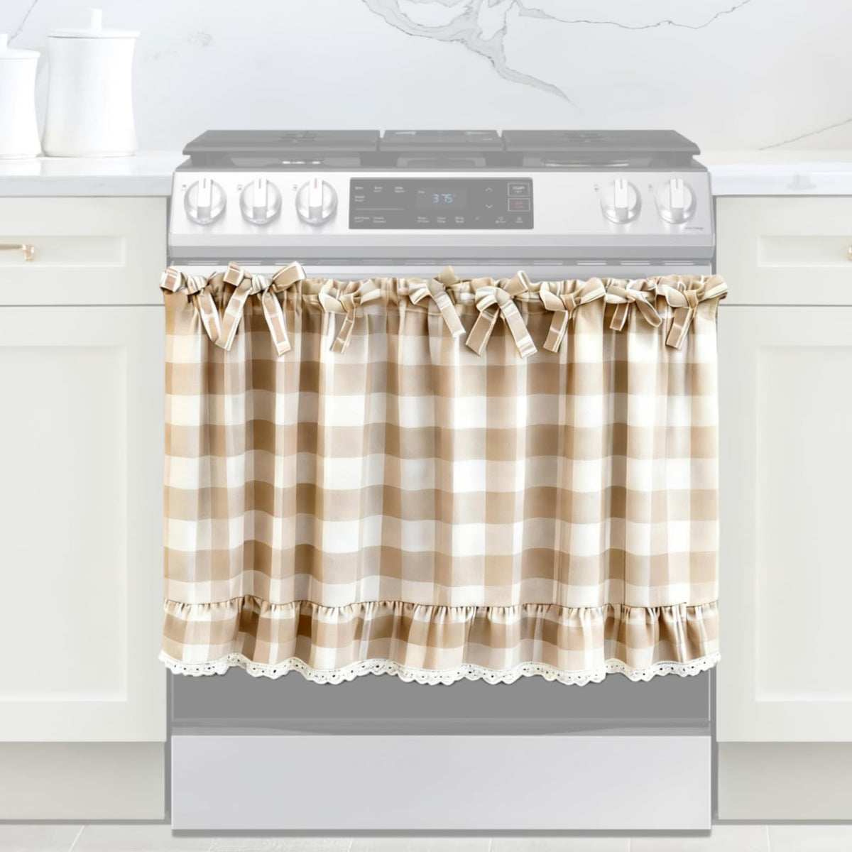 Cyberplex beige and white check oven skirt with lace trim adds rustic charm to any kitchen.