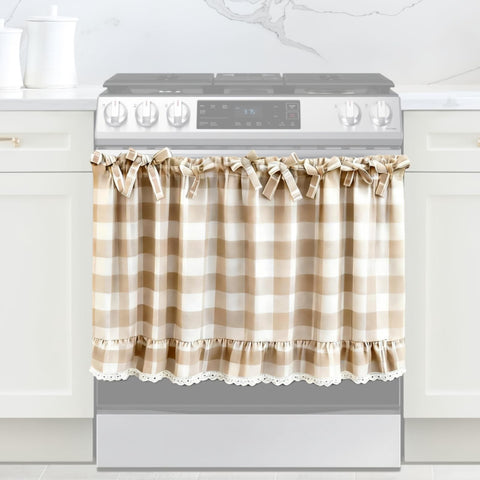 Cyberplex beige and white check oven skirt with lace trim adds rustic charm to any kitchen.