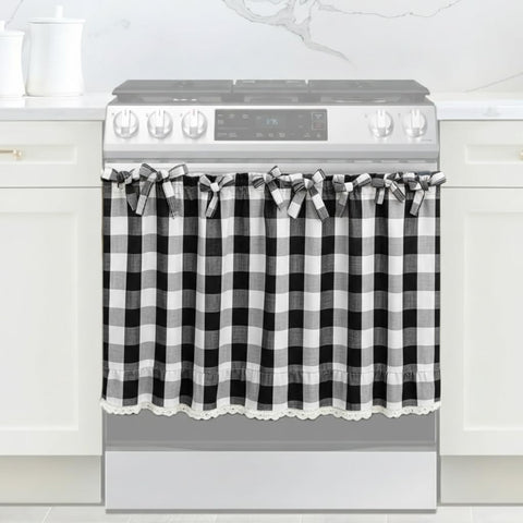 Cyberplex black and white check oven skirt with lace trim enhances cottage-style kitchen decor.