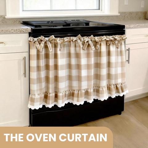 Cyberplex oven skirt with nine ribbon ties enables quick, secure attachment on most oven handles.