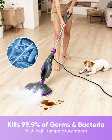 CYK steam mop and 23-foot cord enabling effortless reach across rooms