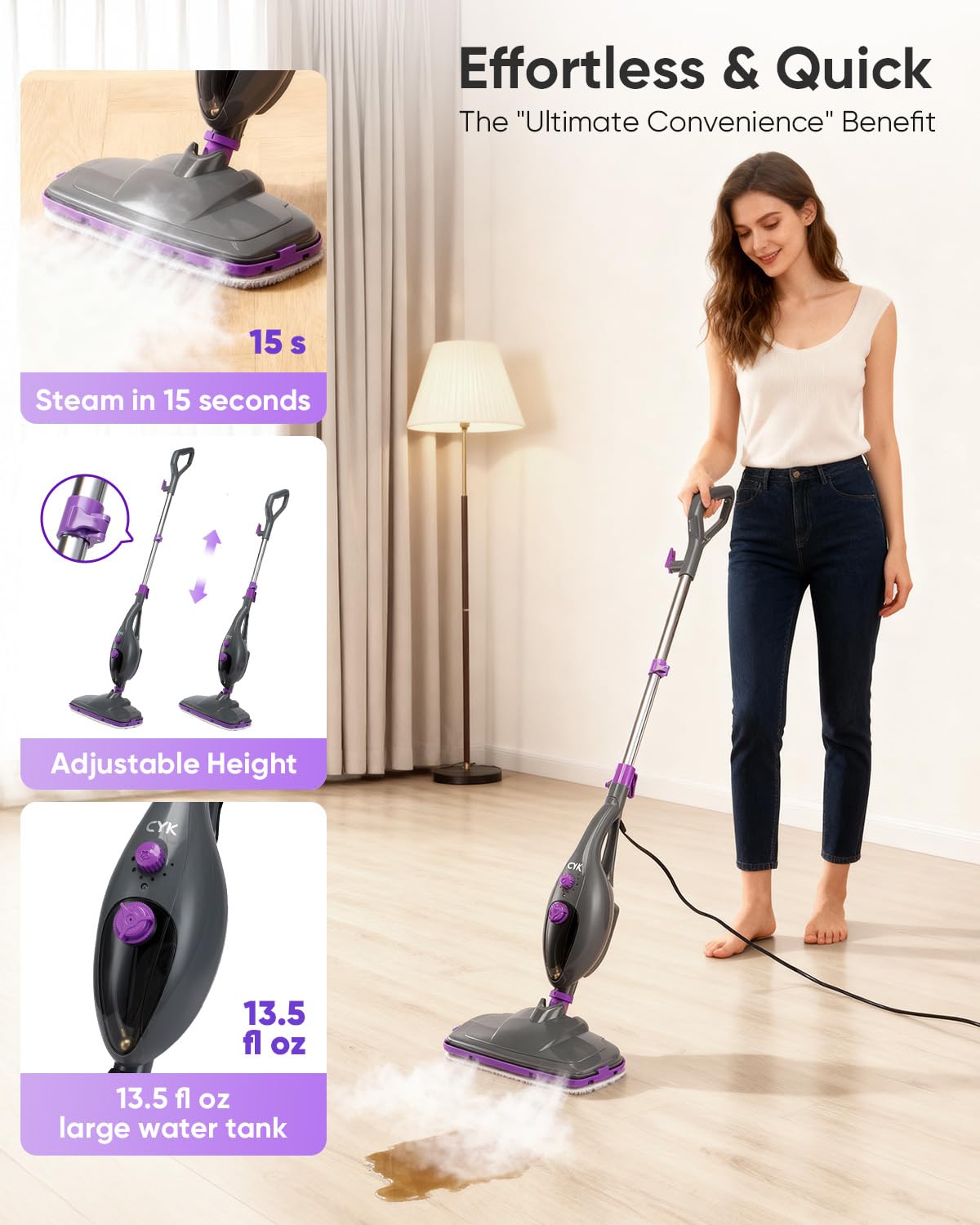 CYK steam mop uses chemical-free steam for safe, thorough cleaning