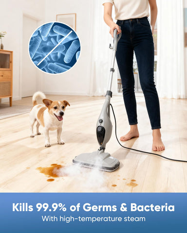 CYK Steam Mop features flexible hose for targeting corners and high spots