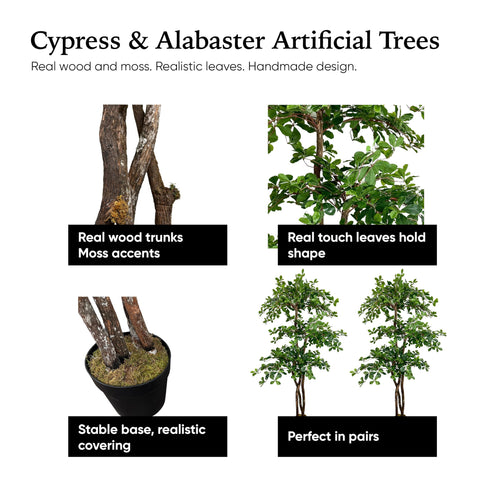 Cypress and Alabaster hypoallergenic artificial tree green leaves suitable for sensitive spaces.