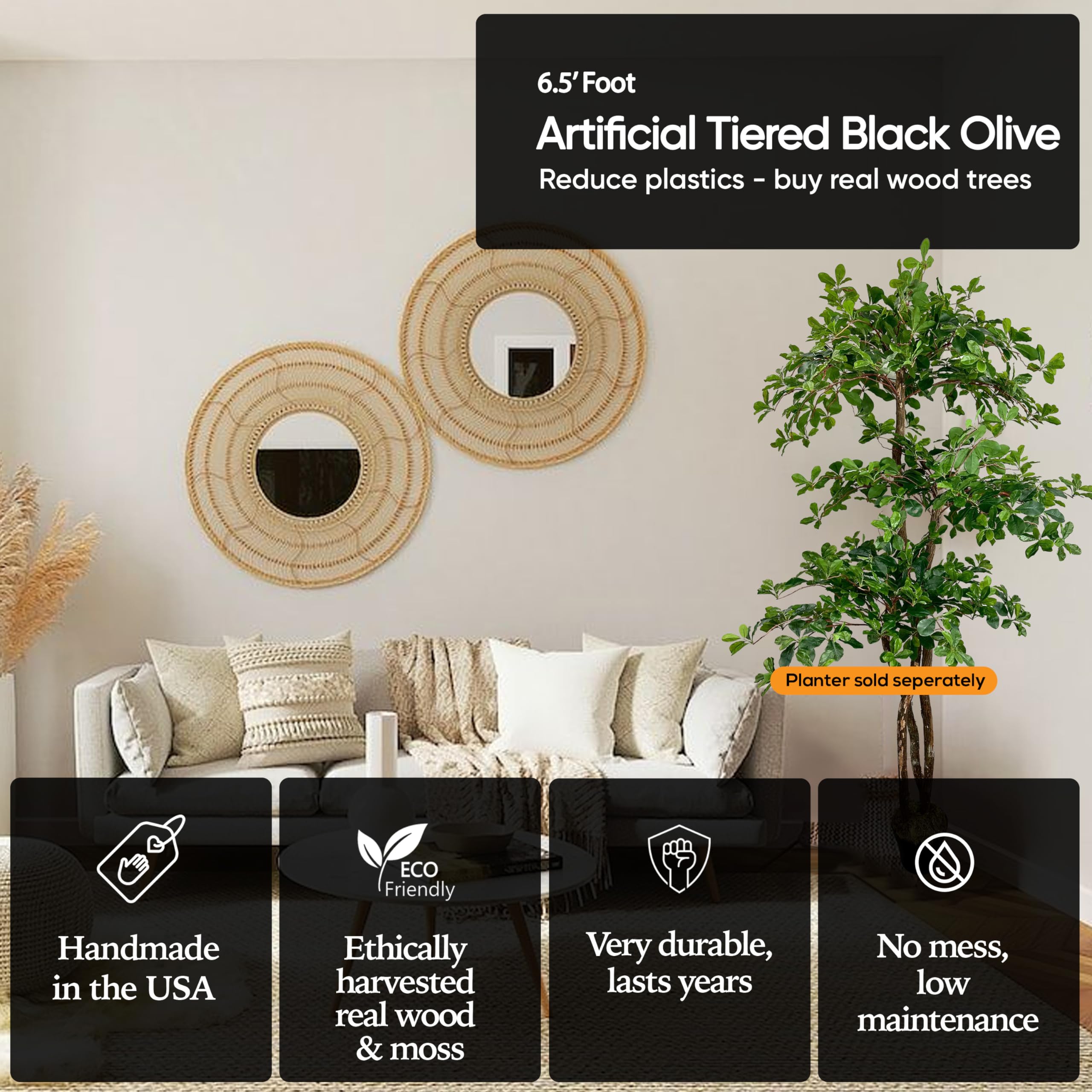 Cypress and Alabaster 3-tier olive tree trunk detail adds authentic character.