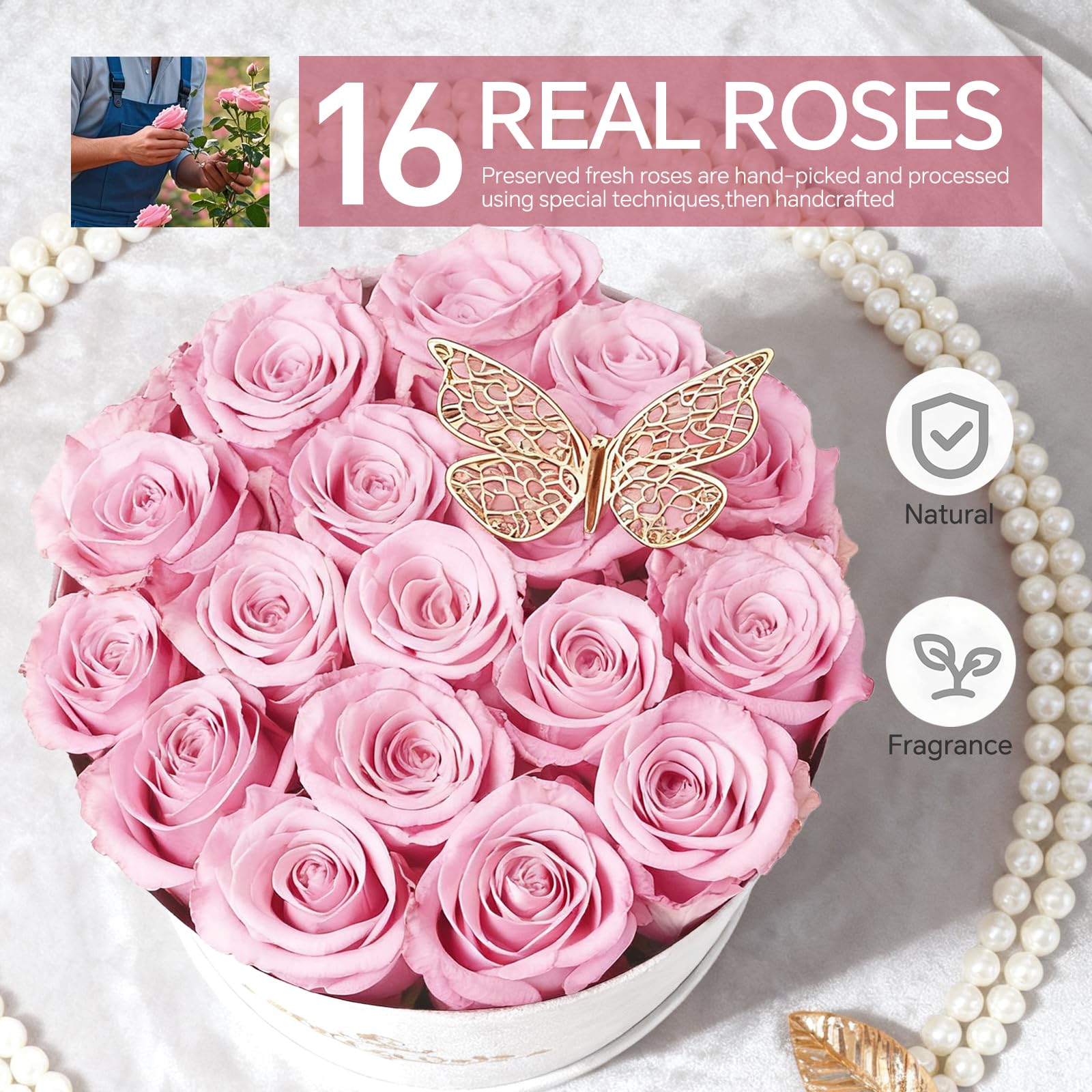 Cyrabota pink preserved roses in a gift-ready package
