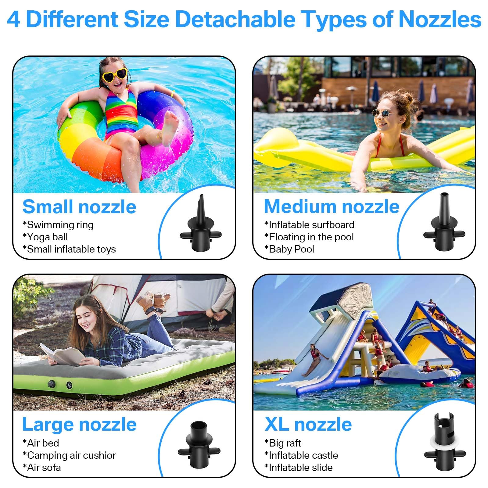 CZGBRO king-size inflation capacity helps beds and mats reach full firmness quickly.