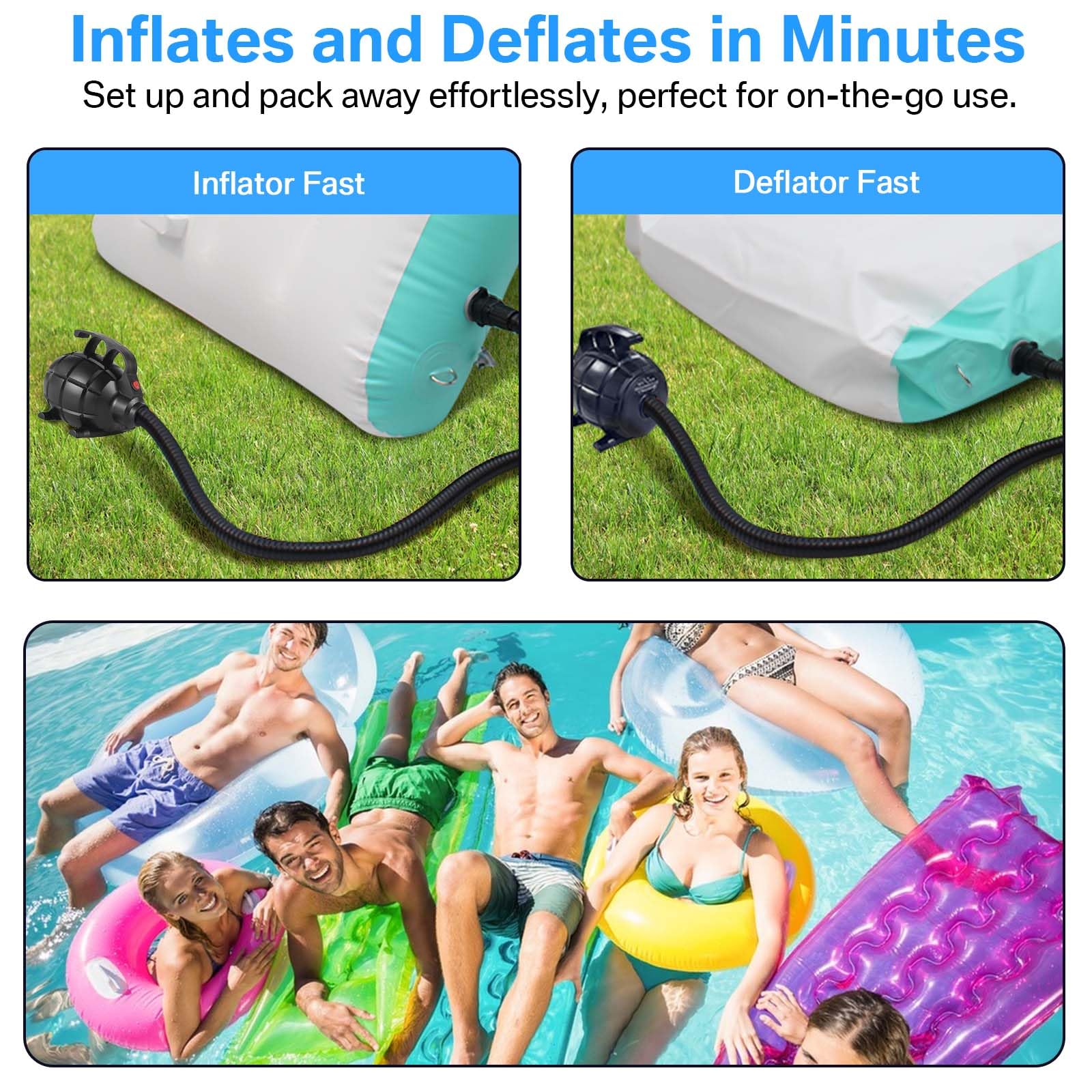 CZGBRO quick-fill inflates large surfaces in minutes, saving time during setup.