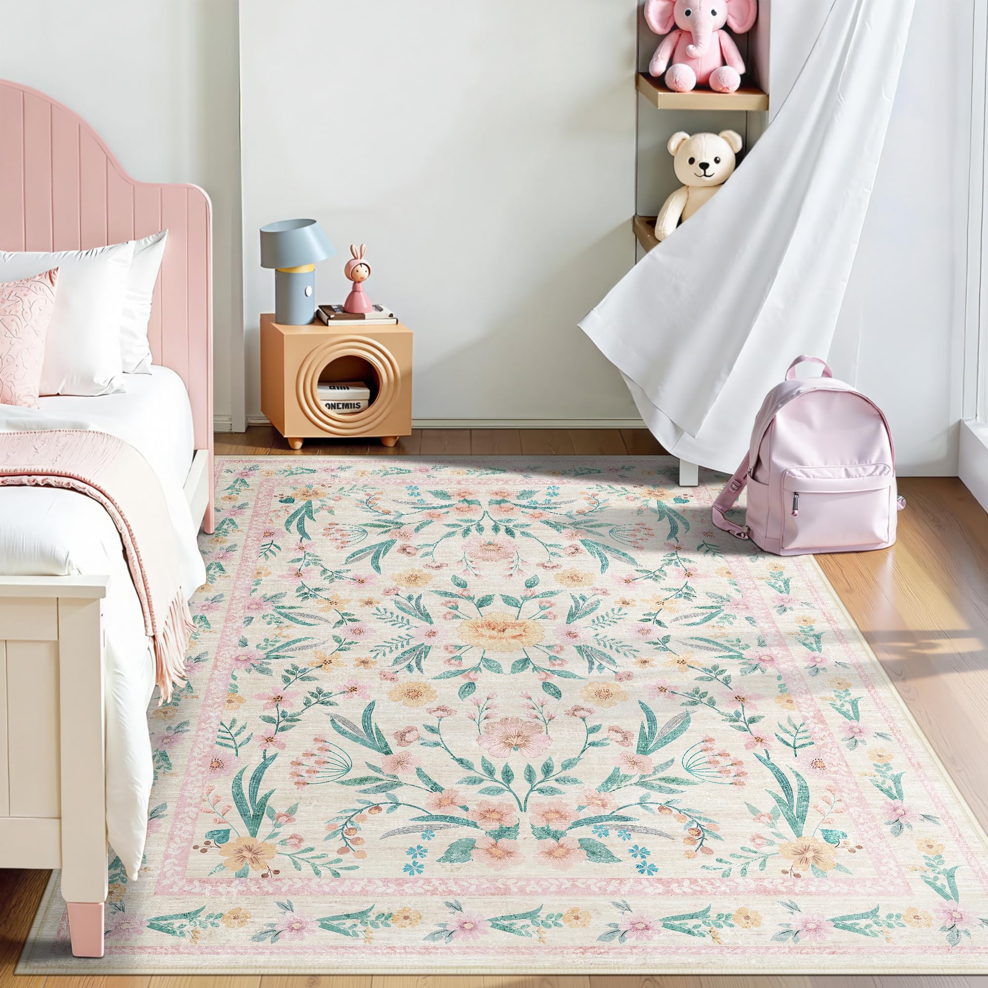 Dadasgk durable floral rug withstands daily activity in kids' rooms.
