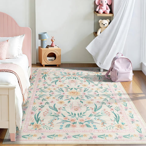 Dadasgk durable floral rug withstands daily activity in kids' rooms.