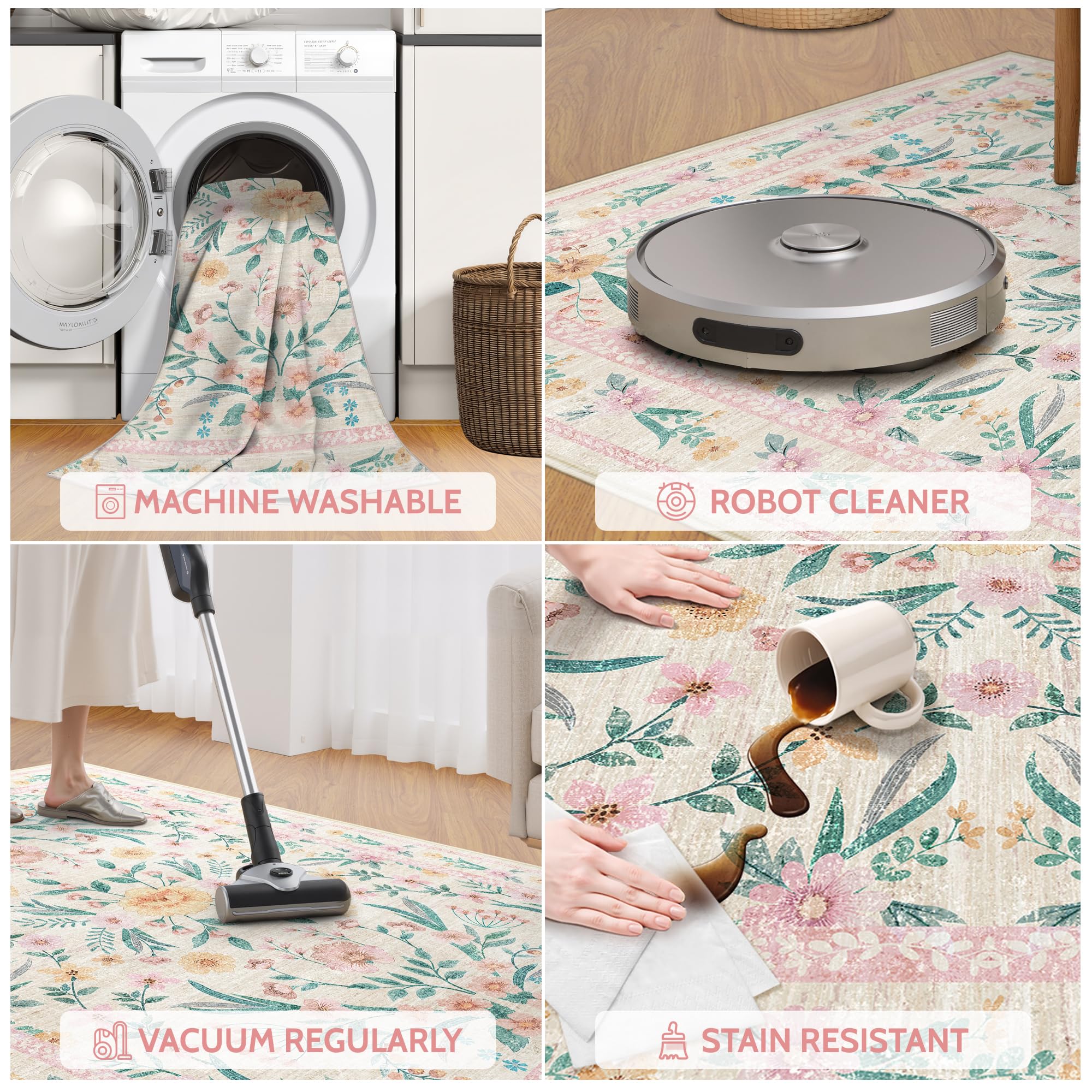 Dadasgk machine washable rug simplifies cleanup after spills.