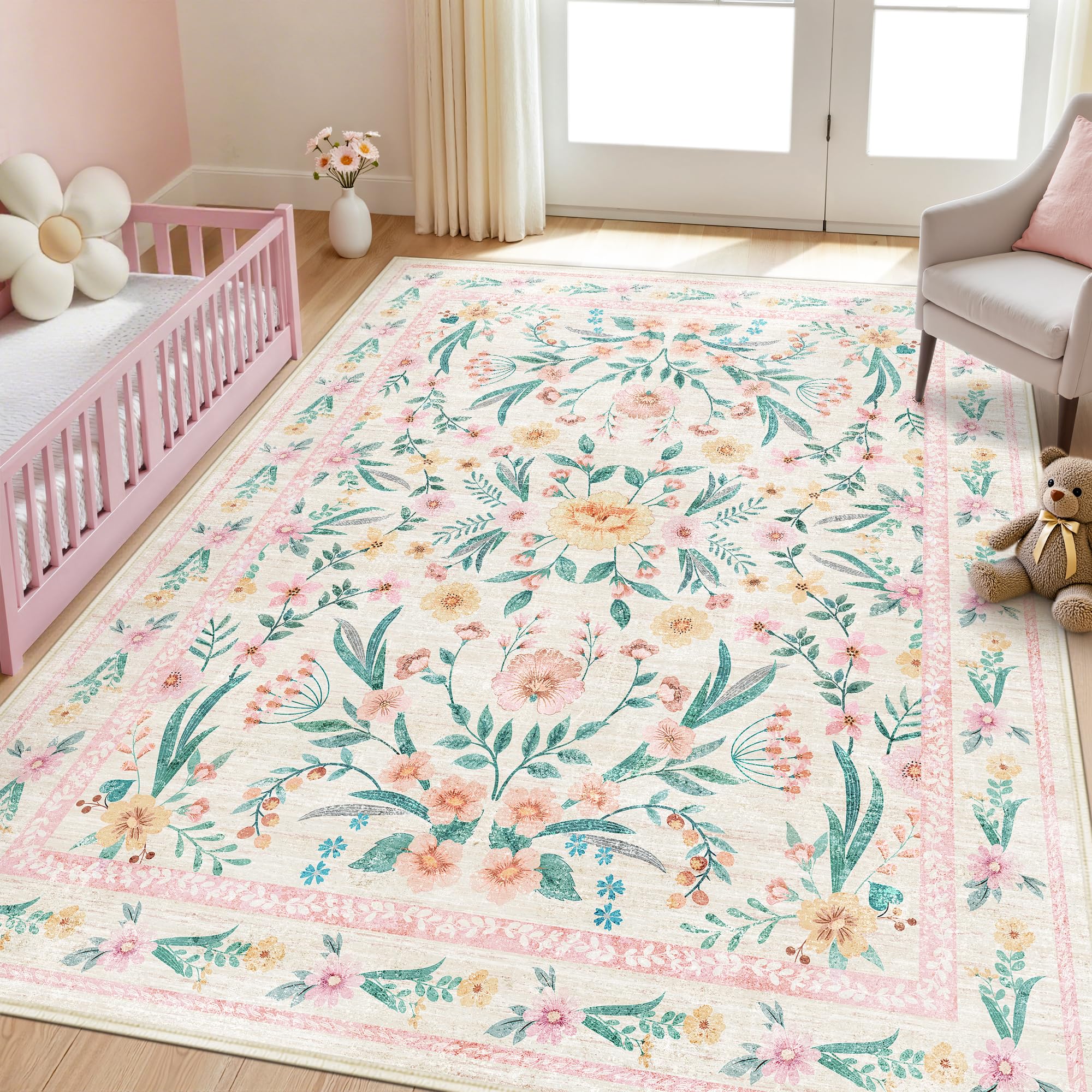 Dadasgk pink floral nursery rug 5x7 adds cozy style to nurseries.