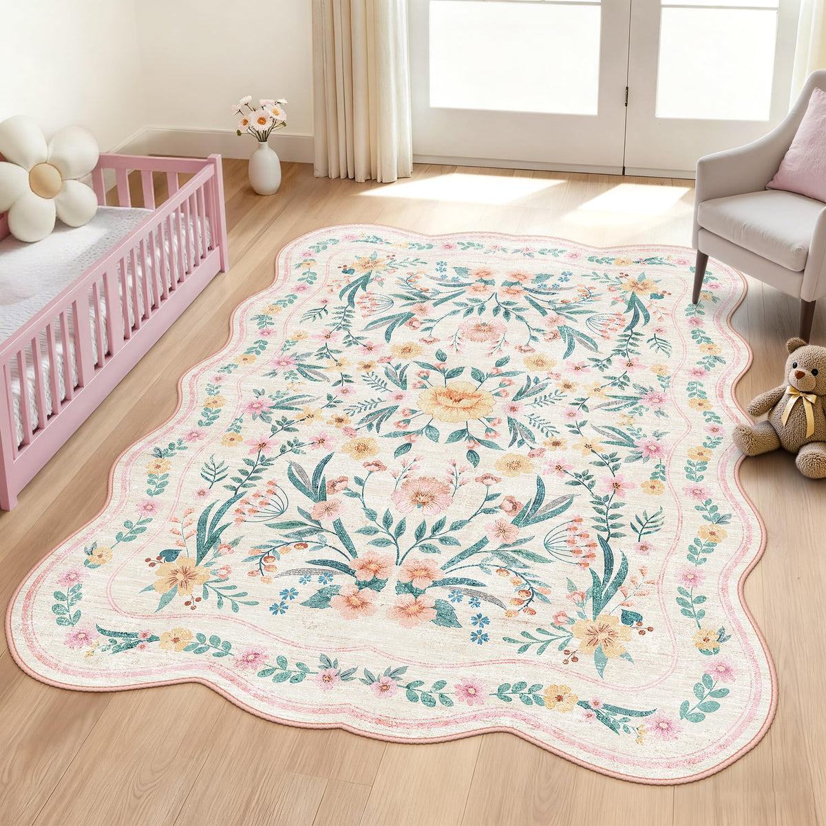Dadasgk pink floral rug 5x7 with scalloped edge for serene nursery decor.