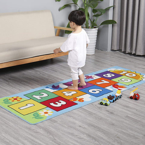 Dafina Hopscotch Rug non-slip back for safe floor play.