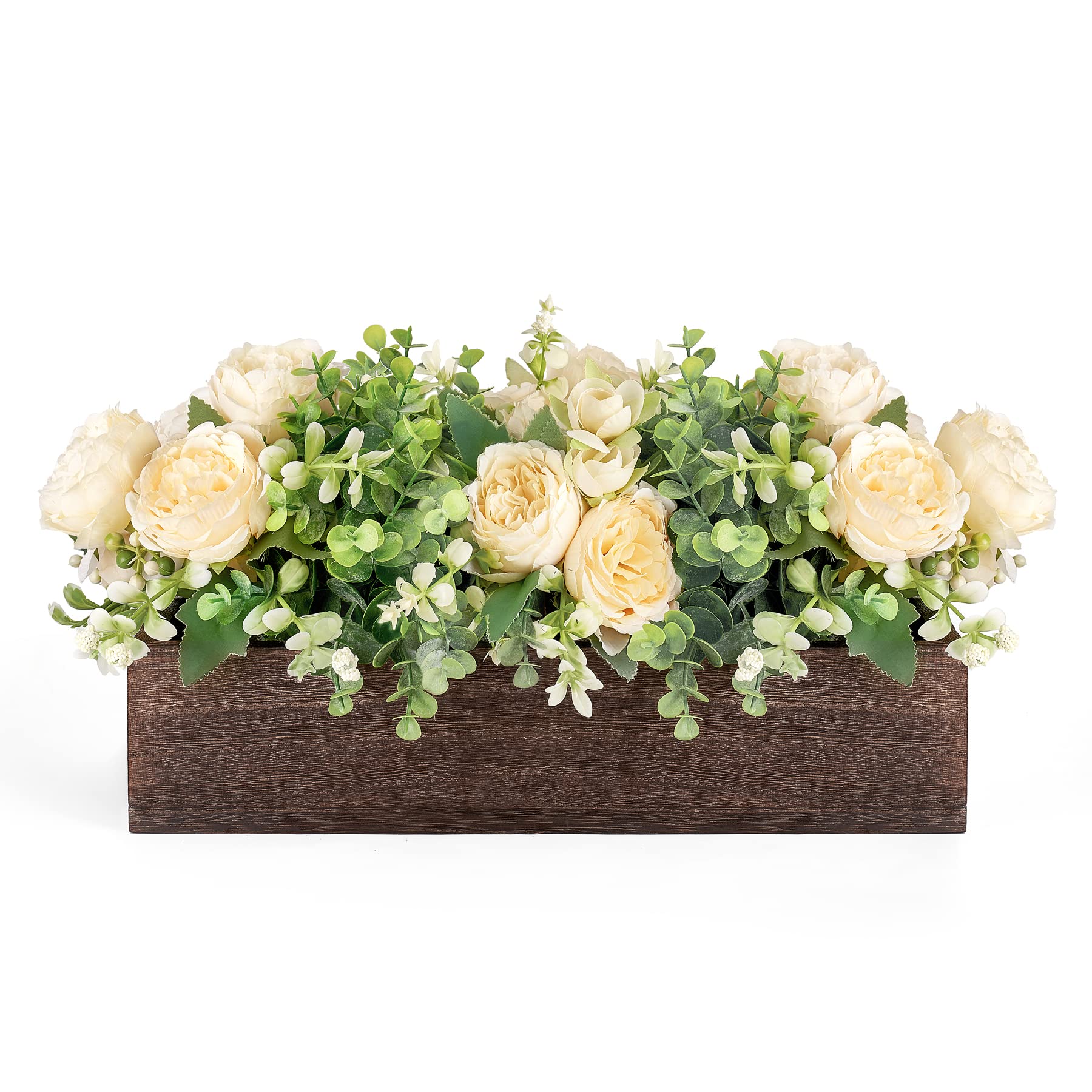 Dahey centerpiece wood tray with flowers and eucalyptus for a fresh dining room accent.
