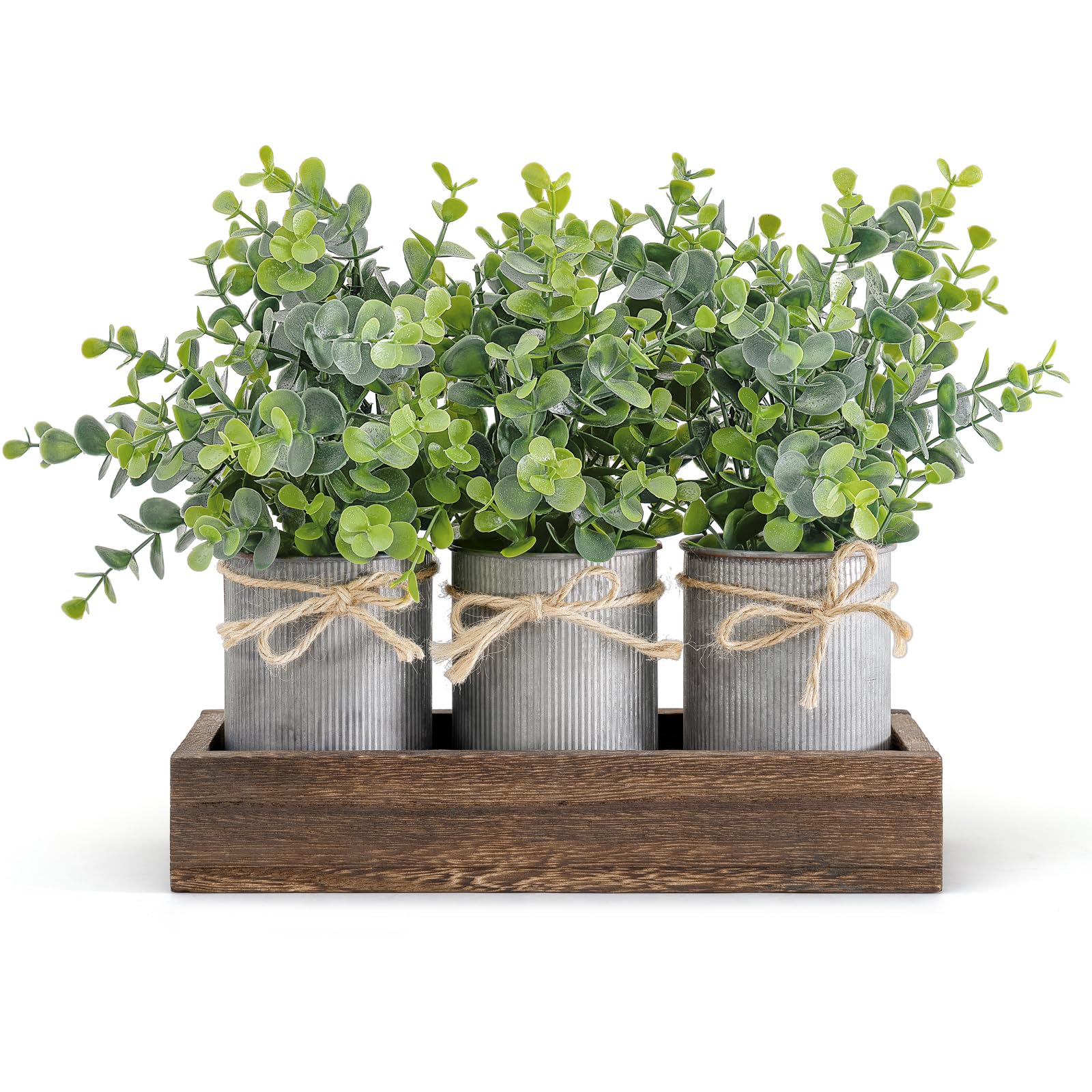 Dahey centerpiece with wood tray and three galvanized pots with eucalyptus for rustic dining