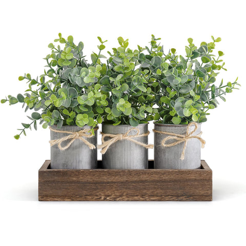 Dahey centerpiece with wood tray and three galvanized pots with eucalyptus for rustic dining
