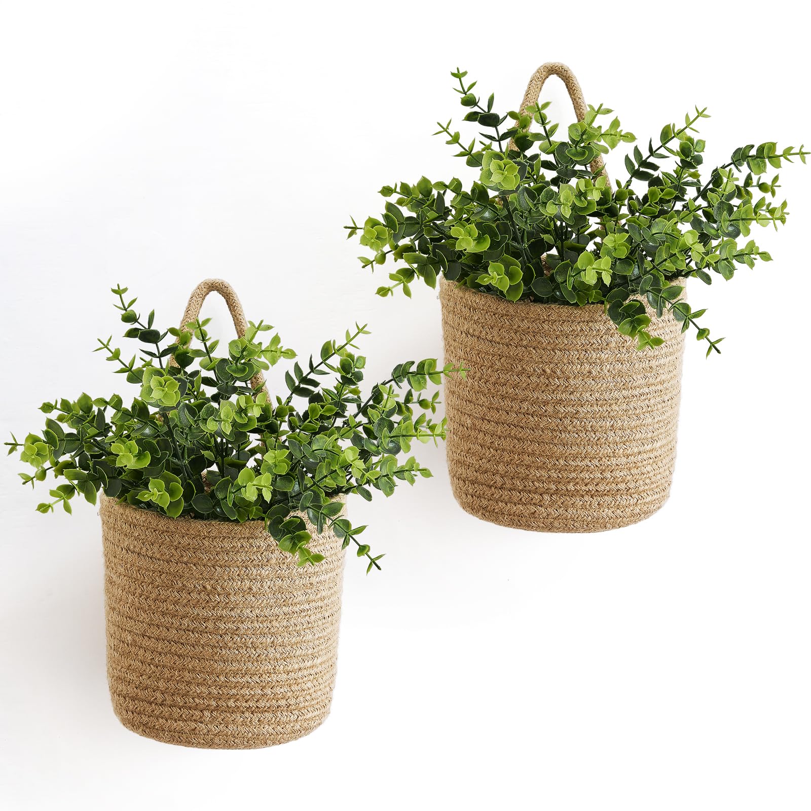 Dahey wall basket with rope and eucalyptus adds rustic wall decor.