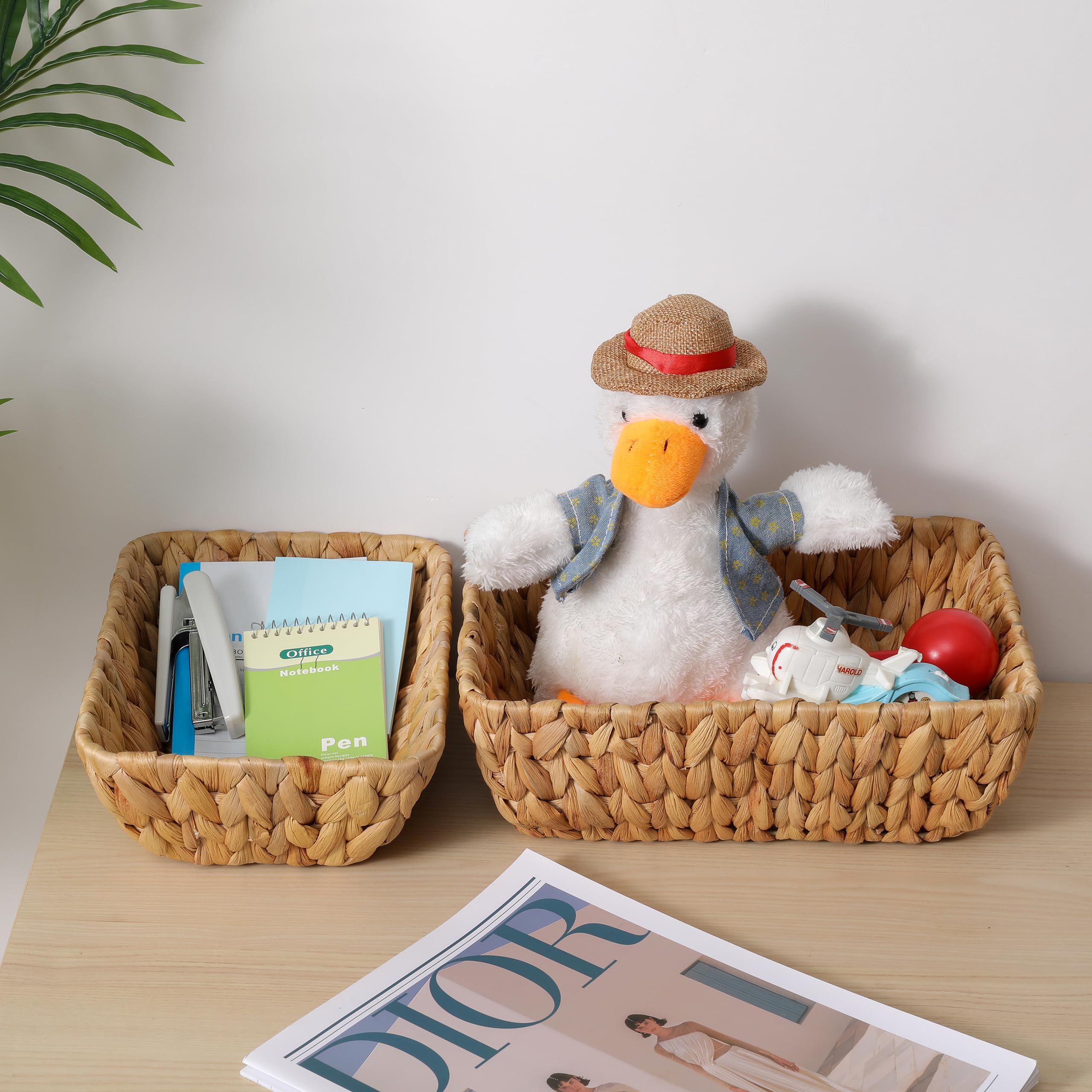 DAICOLAD handwoven storage baskets show natural texture, perfect for desk or vanity use.